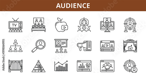 Audience engagement icon set featuring media viewers target groups analytics presentation and public interaction outline vector collection