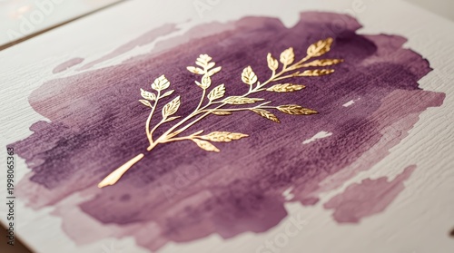 Golden botanical leaf branch embossed on textured deep purple watercolor paper background for luxury branding