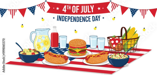 4th of July picnic, Independence Day food, American celebration, outdoor BBQ, patriotic vector