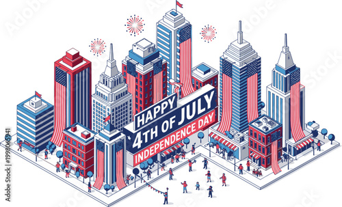 4th of July, Independence Day, Cityscape, Patriotic Vector Illustration, American Holiday