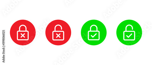 Lock unlock check cross icon in red and green circle. Padlock outline with tick and x mark symbol