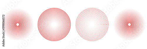 Red concentric ripple circles set. Sonar or sound wave rings collection. Epicentre, target, radar icon concept. Radial signal or vibration elements. Halftone vector illustration