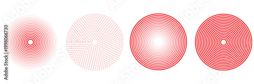 Red concentric ripple circles set. Sonar or sound wave rings collection. Epicentre, target, radar icon concept. Radial signal or vibration elements. Halftone vector illustration