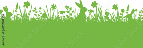Green field with silhouetted rabbits and floral elements