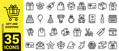 Gift and Shopping Line Icon Set featuring Birthday Cake, Holiday Presents, Jewelry Ring, E-commerce Retail, Surprise Box, Wish List, Christmas Decorations, and Party Supplies.