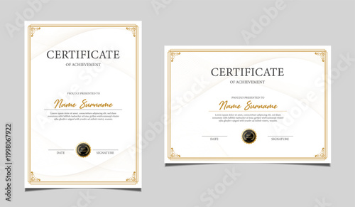 Premium certificate of achievement template design in both portrait and landscape orientation. Elegant classic diploma border, award recognition document with a black seal graphic. Vector.