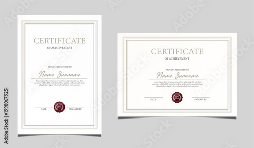 Premium certificate of achievement template design in both portrait and landscape orientation. Elegant classic diploma border, award recognition document with a red seal graphic. Vector illustration.