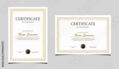 Premium certificate of achievement template design in both portrait and landscape orientation. Elegant classic diploma border, award recognition document with a black seal graphic. Vector.