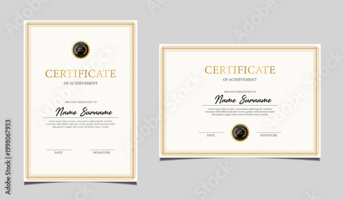 Premium certificate of achievement template design in both portrait and landscape orientation. Elegant classic diploma border, award recognition document with a black seal graphic. Vector.