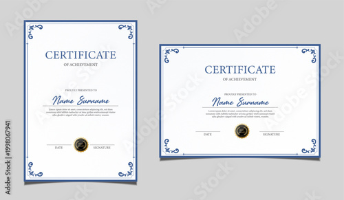 Premium certificate of achievement template design in both portrait and landscape orientation. Elegant classic diploma border, award recognition document with a black seal graphic. Vector.