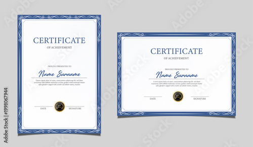Premium certificate of achievement template design in both portrait and landscape orientation. Elegant classic diploma border, award recognition document with a black seal graphic. Vector.