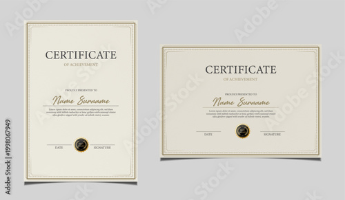 Premium certificate of achievement template design in both portrait and landscape orientation. Elegant classic diploma border, award recognition document with a black seal graphic. Vector.
