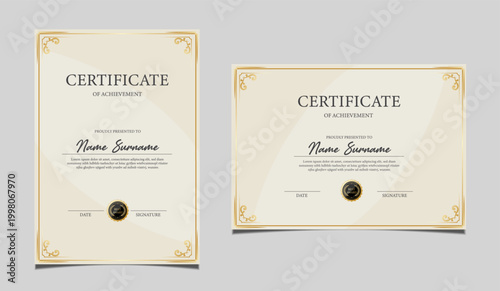 Premium certificate of achievement template design in both portrait and landscape orientation. Elegant classic diploma border, award recognition document with a black seal graphic. Vector.