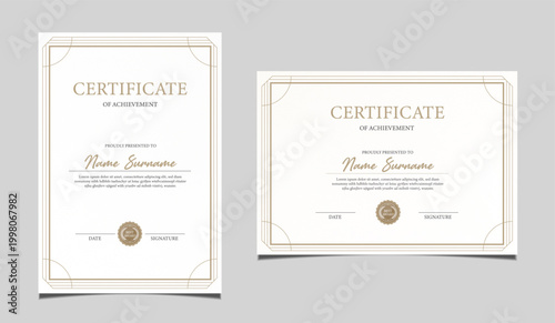 Premium certificate of achievement template design in both portrait and landscape orientation. Elegant classic diploma border, award recognition document with a black seal graphic. Vector.