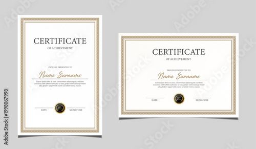 Premium certificate of achievement template design in both portrait and landscape orientation. Elegant classic diploma border, award recognition document with a black seal graphic. Vector.
