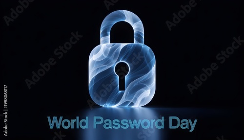Glowing blue padlock on black background for World Password Day, symbolizing online security and password protection