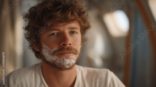 Zero gravity shaving demonstration inside space habitat bathroom module, razor and foam globule floating, daily hygiene in orbit, long duration crew life, microgravity personal care routine, astrona