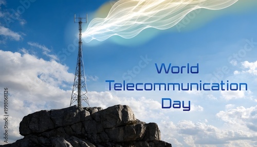 World Telecommunication Day concept with cell tower and global connectivity under vibrant sky
