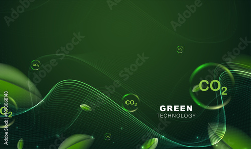 Glowing green sphere with CO2 text and leaves inside surrounded by bubbles. Concept of carbon capture technology, green energy, environmental sustainability, eco-friendly future. Vector illustration.