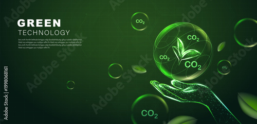 Glowing wireframe hand holding transparent sphere with CO2 and leaf. Green technology banner template representing carbon capture, environmental sustainability and eco-friendly future. Vector.