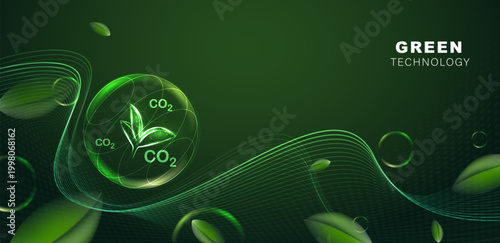 Glowing green sphere with CO2 text and leaves inside surrounded by bubbles. Concept of carbon capture technology, green energy, environmental sustainability, eco-friendly future. Vector illustration.