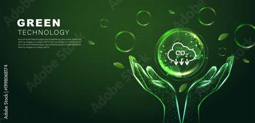 Glowing wireframe hand holding transparent sphere with CO2 and leaf. Green technology banner template representing carbon capture, environmental sustainability and eco-friendly future. Vector.