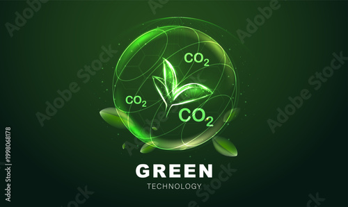 Glowing green transparent sphere with wireframe leaf and CO2 text. Green technology concept representing carbon capture, eco-friendly environmental sustainability and future innovation vector design.