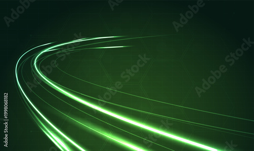 Abstract glowing green light trails and fast moving lines background representing high speed data transfer, fiber optics, network connection, futuristic technology and digital internet concept. Vector