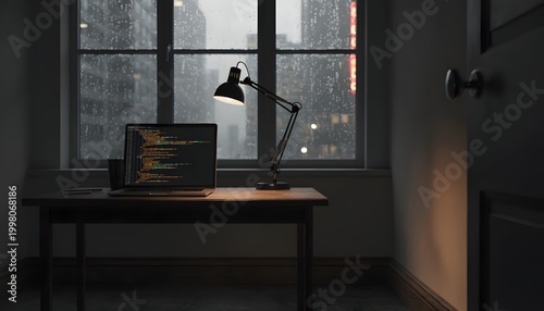 Evening coding session at home with laptop, dim desk lamp, and city view through window