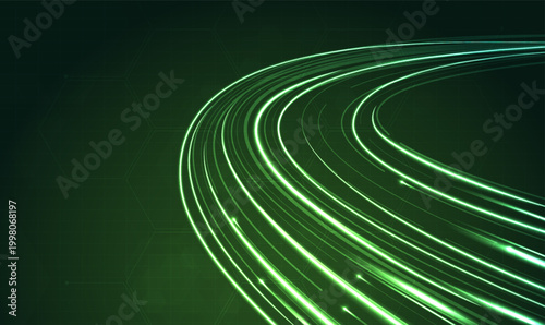 Abstract glowing green light trails and fast moving lines background representing high speed data transfer, fiber optics, network connection, futuristic technology and digital internet concept. Vector