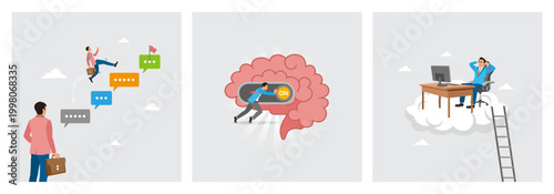 Jump on Speech Bubble. Turn on Switch on His Own Brain. Businessman working his dream job.