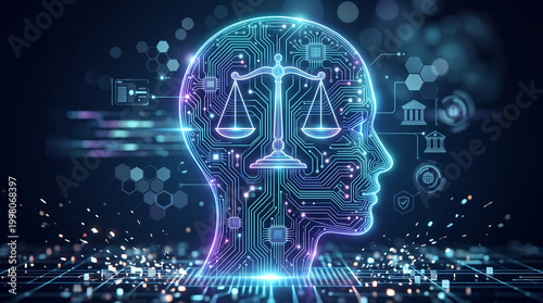 conceptual illustration of artificial intelligence in law featuring a digital head silhouette with justice scales on a circuit background symbolizing legal tech and cyber ethics