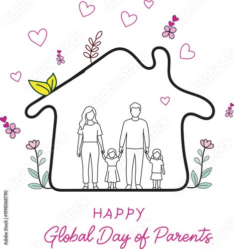 Family inside house outline with hearts and flowers