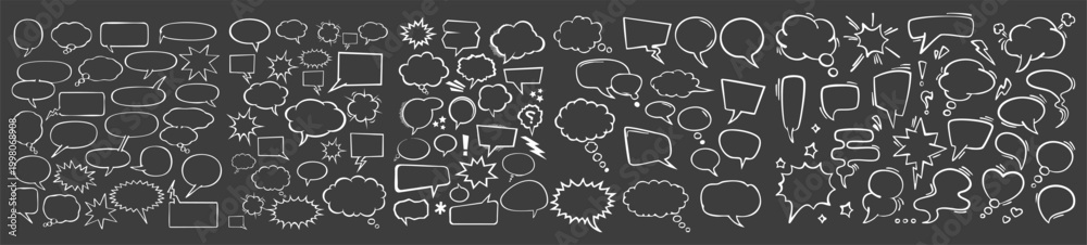 Fototapeta premium Hand Drawn Comic Speech Bubble Icon Set White Line Sketch Elements on Dark Gray Background Creative Dialogue Vector Illustration
