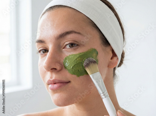 Woman Applying Green Facial Mask with Brush

