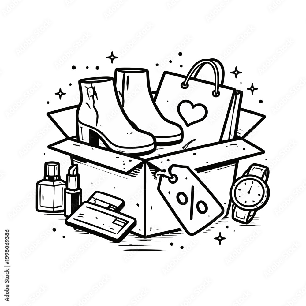 Naklejka premium A black and white illustration of a shopping box overflowing with fashion items and accessories