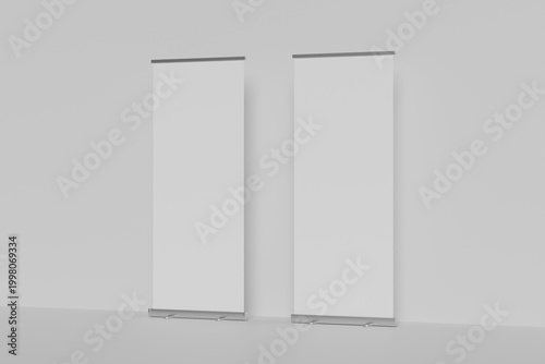 reative vector illustration of empty roll up banners with paper canvas texture isolated on transparent background. Art design blank template mockup. Concept graphic promotional presentation element