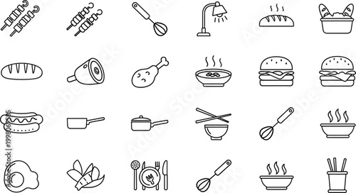 Kitchen and Cooking Icons Set Featuring Food, Utensils, Dishes, and Cooking Equipment for Recipe, Meal Preparation, and Culinary Designs