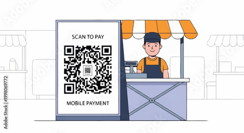 Cartoon man at mobile payment kiosk with qr code scanner