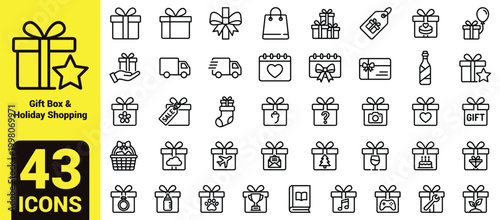 Gift Box and Holiday Shopping Icon Set featuring Christmas Presents, Birthday Surprise, Delivery Logistics, Gift Cards, Anniversary Celebration, and E-commerce Retail Symbols.