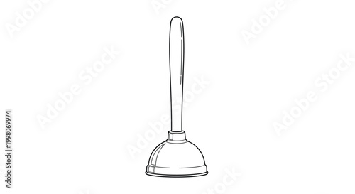 Standard household toilet plunger with a wooden handle and black rubber cup shown in a simple line drawing for home maintenance and plumbing icons.