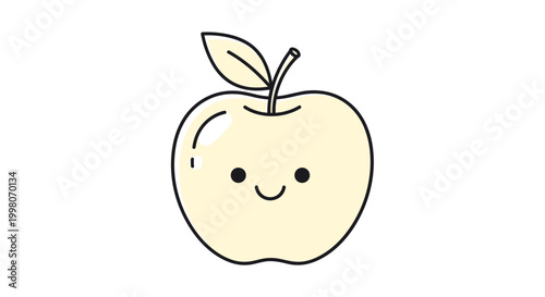 Cute smiling apple character with a small leaf and rosy cheeks shown in a simple and friendly icon style for healthy eating and children themes.