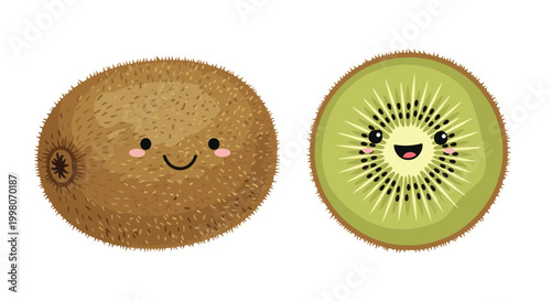 Pair of cute kiwi fruit characters featuring a whole fuzzy brown fruit and a green sliced half with happy faces for healthy snack illustrations.