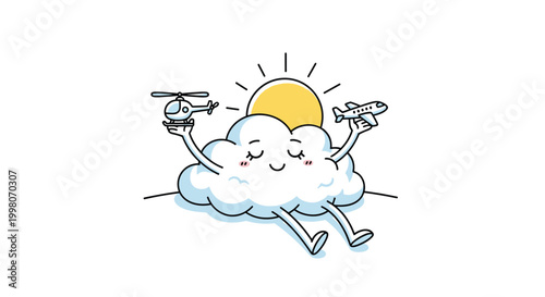 Whimsical sleeping cloud character holding a toy helicopter and airplane under a bright sun for children's room decor and aviation fantasies.