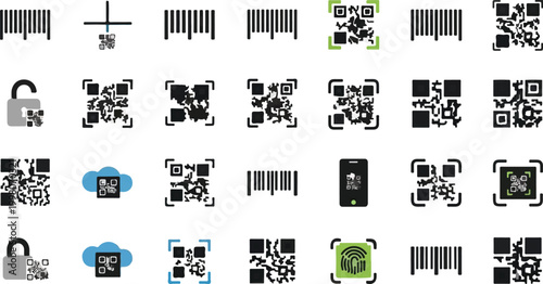 Digital QR code and barcode icon set, 28 flat vector elements for mobile scanning, secure payment and data tracking symbols on white background