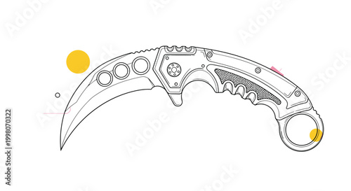 Tactical folding karambit knife with a curved blade and ergonomic handle shown in a detailed line art illustration for outdoor and hobby themes.