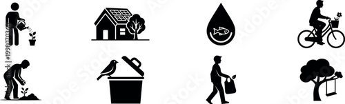 Black silhouette icons representing various daily activities and environmental elements