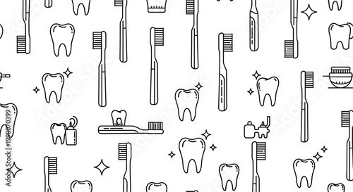 Dental care seamless pattern featuring toothbrushes teeth oral hygiene tools and healthcare background vector design
