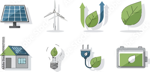 Renewable energy icon set with solar panels and wind turbines, green ecology symbols for sustainable power, 8 vector elements for environmental design