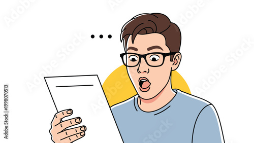 Young man with glasses expresses complete shock and surprise while reading important information on a paper document.